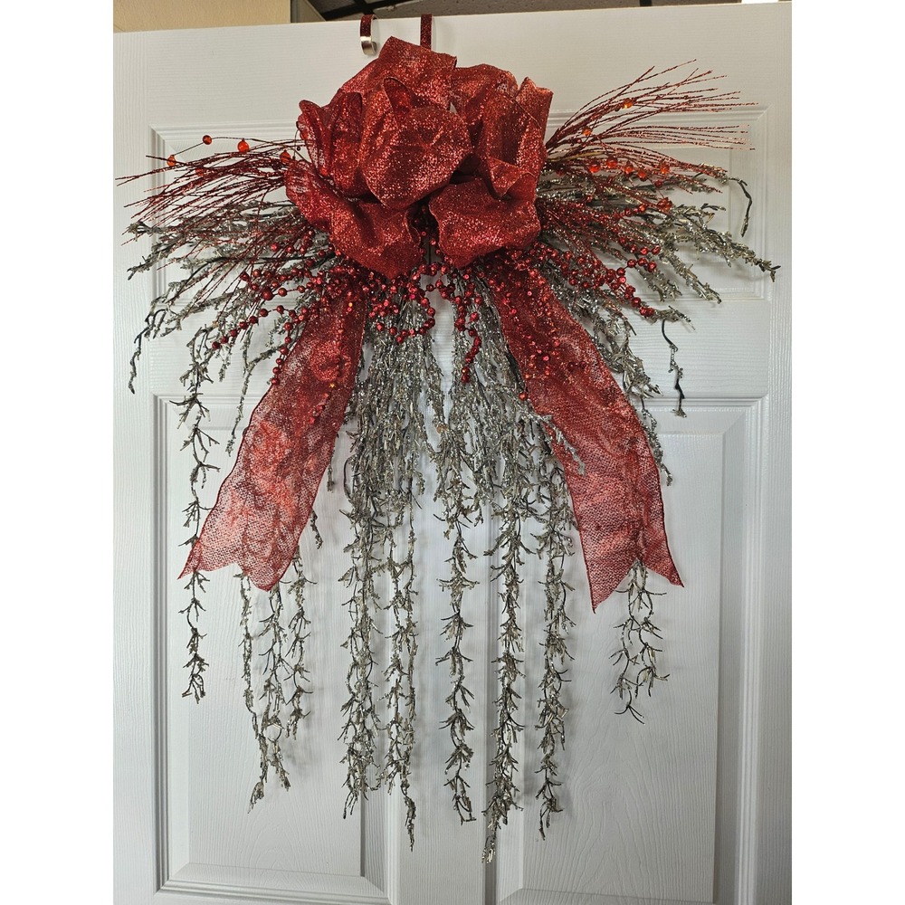 Handmade Christmas Swag Wreath OS Red Silver Glitter Bow Berry Holiday Decor
